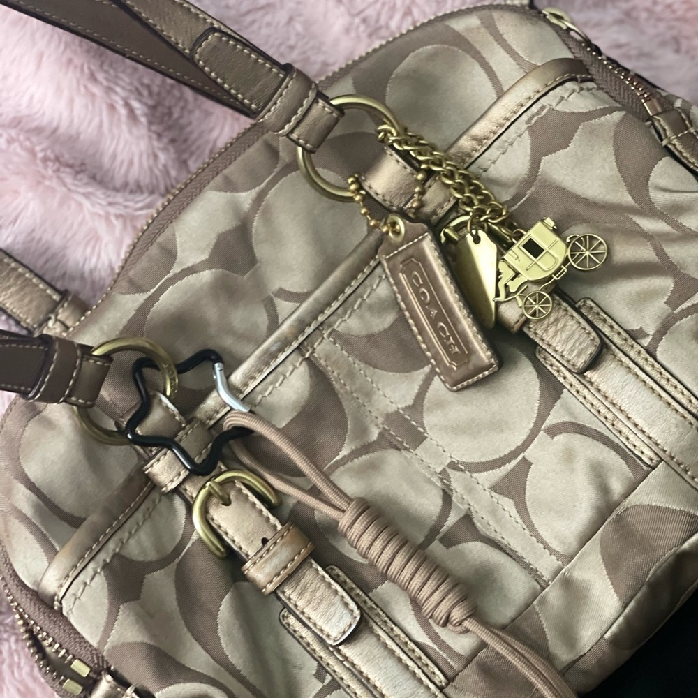 Coach Tan and Gold Shoulder Bag with Signature Design